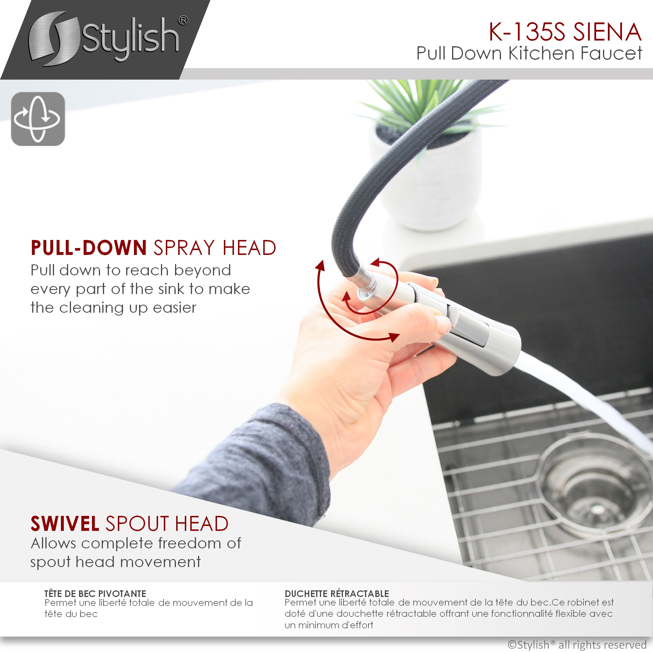 STYLISH Kitchen Sink Faucet Single Handle Pull Down Dual Mode Stainless Steel