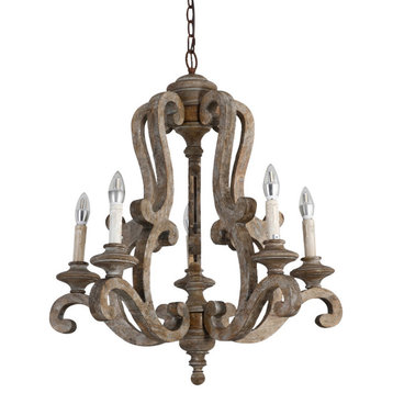 Antique Cottage Style Wood 5-Light Candle Chandelier with Scrolled, Brown