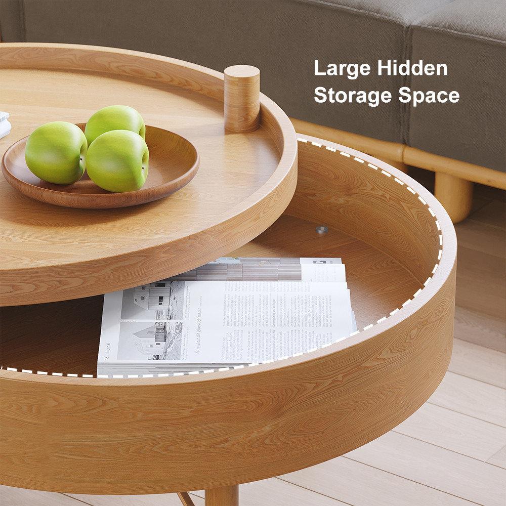 Modern Round Wood Rotating Tray Coffee Table With Storage, Natural