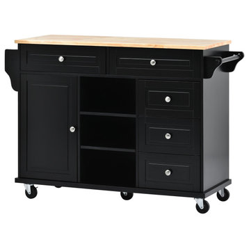 Multifunctional Rubber Wood Desktop Kitchen Cart, Adjustable Shelves, Black