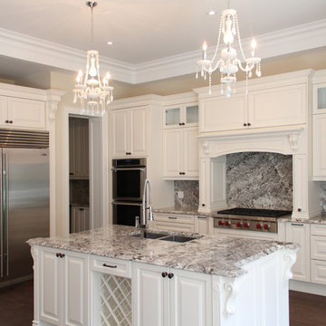 Traditional Kitchen with Marble Countertops and Backsplash