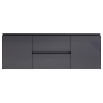 Monterey 60" Double Sink Wall Mounted Vanity with Reinforced Acrylic Sinks, Glossy Gray
