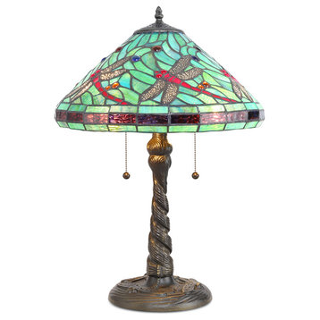 Serena d'italia Tiffany 2-Light Turquoise Dragonfly 21" Bronze Table Lamp