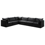 Meridian Furniture - Jacob Velvet Upholstered 6-Piece L-Shaped Modular Sectional, Black - Create the ideal seating arrangement for your space when you pick and choose the elements you like mostincluding this Jacob velvet modular sectional. Mix and match items in the Jacob collection to bring your living space or family room together with a personalized slant. Soft black velvet upholstery is soft and welcoming to the touch, adding a luxurious feel to everyday seating. Deep channel tufting adds to the piece's durability, and latches underneath the unit make it easy to attach to other pieces in the collection.