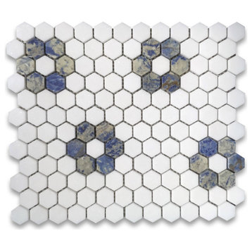 Thassos White Marble Hexagon Rosette Mosaic Tile Azul Macaubas Blue, 1 sheet
