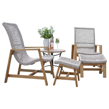 5-Piece Nautical Rope and Teak Lounger Set With Matte Stone Accent Table