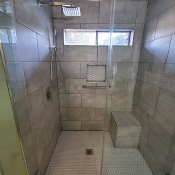 Bathtub Remodeled into a Grey/Beige Modern Walk-in Shower