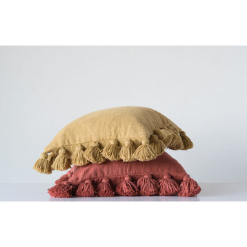 Luxurious Square Cotton Woven Slub Pillow With Tassels, Mustard