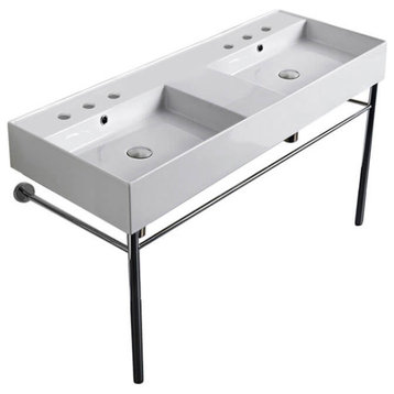 Double Ceramic Wall Mounted Sink With Polished Chrome Stand, Six Hole