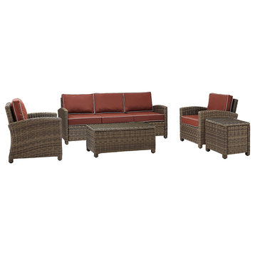 5 Pieces Patio Set, Weathered Brown Loveseat and Chairs With 2 Tables, Sangria