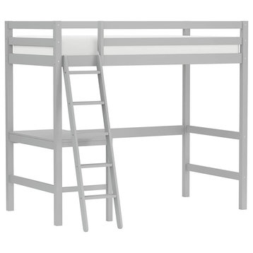 Twin Size Loft Bed, Wooden Frame With Safety Guard Rails & Integrated Desk, Grey