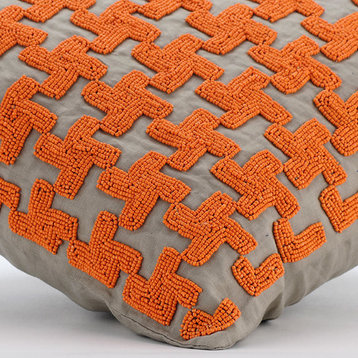 Orange Beaded Lattice Trellis 24"x24" Art Silk Orange Shams, Orange Terracota