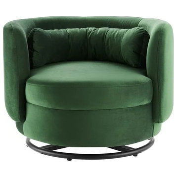 Modern Accent Chair, Swiveling Base With Velvet Seat and Curved Back, Emerald