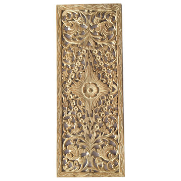 Floral Wood Carved Wall Art Panel. Tropical Home Decor, 35.5"x13.5", White Wash