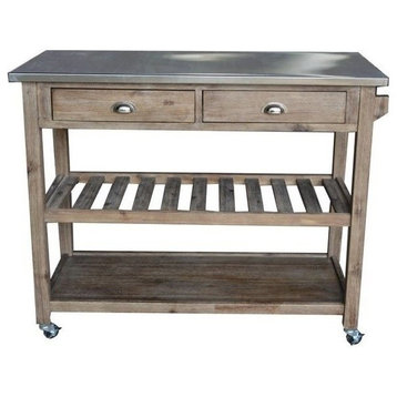 Pemberly Row 2-Drawer Farmhouse Wood Kitchen Cart with Casters in Barnwood Brown