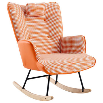 TATEUS 35" Soft Houndstooth Rocking Chair With Solid Wood Base, Orange