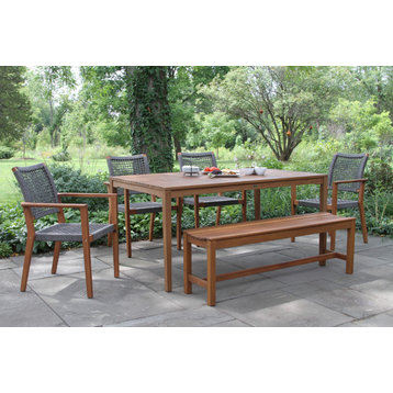 6-Piece Eucalyptus Dinning Set With matching bench and Rope Stacking Chairs