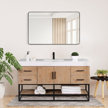 Bianco Bathroom Vanity Composite Stone Top, Light Brown/Matte Black, 60s", With Mirror