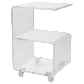 Modern Side Table, G-Shaped Design Constructed With Acrylic & Casters, Clear