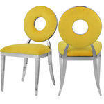 Meridian Furniture - Carousel Upholstered Dining Chair, Set of 2, Yellow Velvet, Chrome Finish - Yield to the decorator within when you bring home this Carousel velvet dining chair. This chair features a metal frame and legs finished in chrome stainless steel for a modern touch, but the real star of the show is the donut-shaped seat back that exudes undeniable contemporary charm. The seat and back are both plumply filled for comfort and upholstered in soft yellow velvet for a chic look.