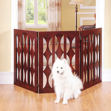 Emma Three Panel, 36 inch Pet Gate with Geometric Design in Mahogany Wood by Ele