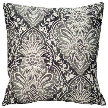 Leone Damask Dark Gray Throw Pillow 21x21, with Polyfill Insert