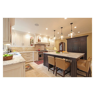 Glazed White Kitchen with Large Dark Stained Island and Built in ...