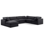 Meridian Furniture - Indulge Upholstered Modular U-Shaped Sectional, Black, 7-Piece: 3 Armless Chair, 3 Corner Chair, 1 Ottoman, Down Stuffed Linen Textured Fabric - Experience ultimate comfort and style with our black linen textured fabric Indulge Sectional. The luxurious linen texture of the fabric will elevate the aesthetic of any room. This sofa provides ample space for you to relax while its modular build offers the option of unlimited configurations. Whether you're looking to add a stylish element to your living room or a comfortable seating option to your bedroom, this sofa is the perfect choice.