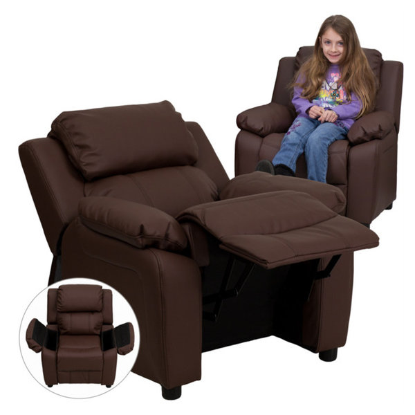 Deluxe Padded Contemporary Brown Leather Soft Kids Recliner w/ Storage