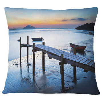 Old Wooden Pier in Bright Sea Seascape Throw Pillow, 16"x16"
