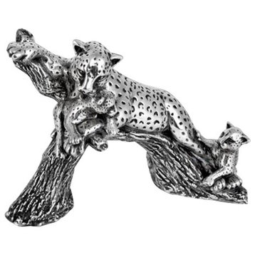 Silver Leopard and Cubs on Branch Sculpture A504