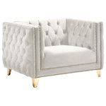 Meridian Furniture - Michelle Fabric Upholstered Chair, Gold Iron Legs, Cream, Velvet, Chair - Upholstered in soft cream velvet, this Michelle chair is sumptuously glamorous. Designed for upscale living, this chair features rich gold nail head trim and gold iron legs that keep it grounded in contemporary beauty. Tufted material covers every inch of this unit, and button tufting ensures that the unit stays plump and comfortable and holds up well to continual use. Pair it with other items in the collection for a cohesive look.