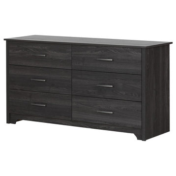 Contemporary Dresser, 6 Large Drawers With Blackened Brushed Silver, Gray Oak