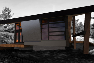 Imagen de fachada de casa gris y gris minimalista grande a niveles con revestimiento de metal, tejado a cuatro aguas y tejado de metal