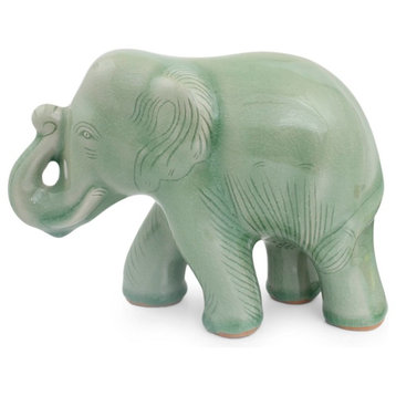 Smiling Elephant Celadon Ceramic Figurine