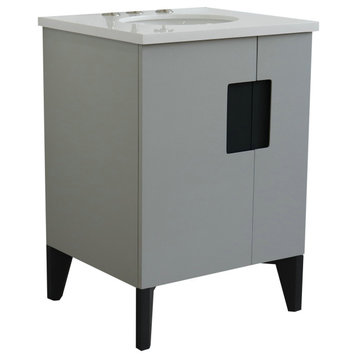 25" Single Sink Vanity, Light Gray Finish With White Quartz And Oval Sink