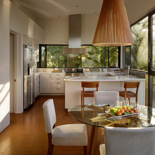 サンフランシスコの小さい片開きドアコンテンポラリースタイルのおしゃれな玄関ドア (ベージュの壁、コルクフローリング、木目調のドア) の写真