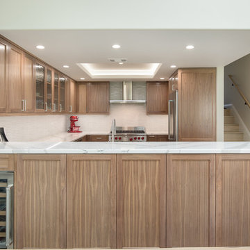 Transitional Open Kitchen with Natural Walnut Cabinetry