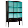 Distressed Black and Aqua Blue Elmwood Grand Zen Asian Bookcase