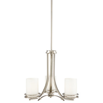 Chandelier 3-Light, Brushed Nickel/Satin Etched Cased Opal Glass