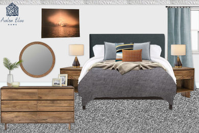 タンパにある中くらいなビーチスタイルのおしゃれな主寝室 (白い壁、カーペット敷き、グレーの床) のレイアウト