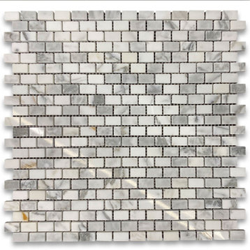 Mini Brick Offset Statuary White Marble Subway Mosaic Tile Polished, 1 sheet