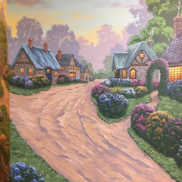 English Cottages Mural, hand painted in a foyer by Tom Taylor of Mural Art LLC