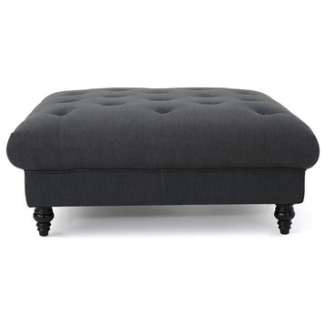 Elegant Ottoman, Bordeaux Fabric Upholstery With Tufted Padded Seat, Dark Grey