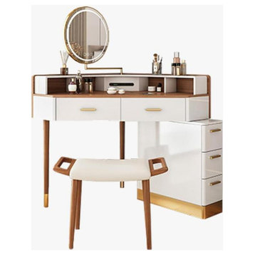 Corner Makeup Vanity Table with LED Lighted Mirror and a Wooden Stool