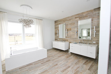 Trendy master beige tile and porcelain tile porcelain tile bathroom photo in Chicago with flat-panel cabinets, white cabinets and an undermount sink