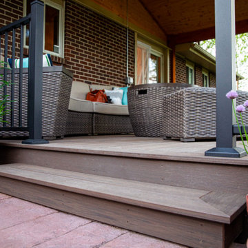 Boulder Patio Cover with Deckorators Decking and Railing and Stamped Concrete
