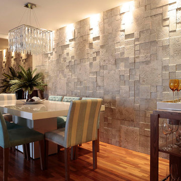 Contemporary dining room with cement wall panels