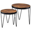 2-Piece Accent Nesting Side Table Set Hairpin Legs Cherry Wood Round Top Set
