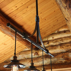Steel wrapped, arched gusset four light pendant - Pendant Lighting